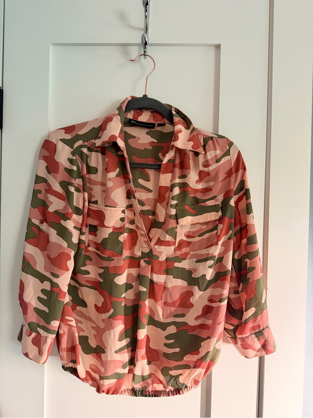 New York & Company Coral and Olive Camo Blouse